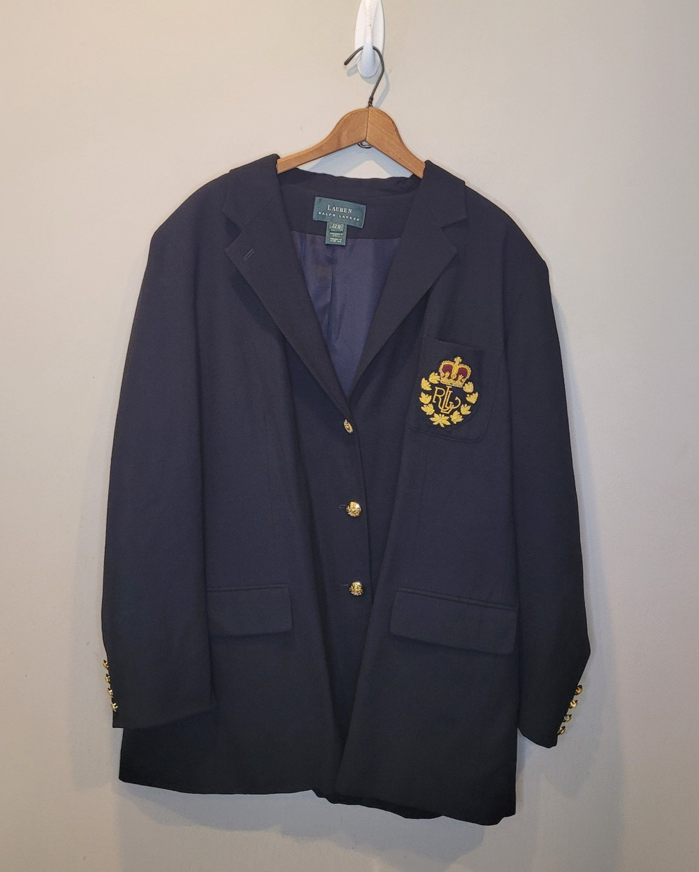 Vtg Lauren Ralph Lauren Worsted Wool Black Crest & Crown Blazer 22W Gold Buttons